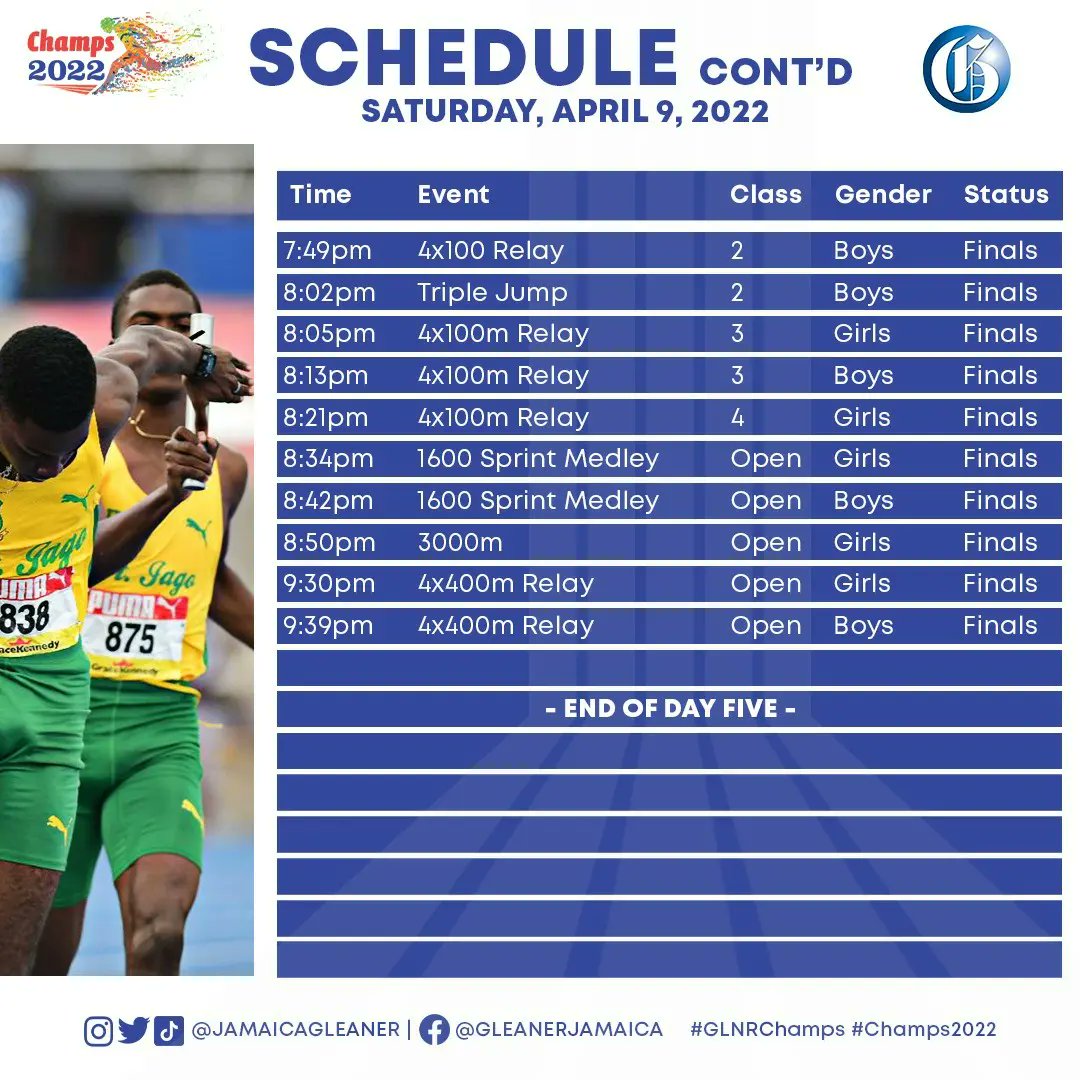 JamaicaGleaner's tweet image. #Champs2022: It's the final day of the ISSA/GraceKennedy Boys and Girls' Athletics Championships. Which school will lift the trophy? We find out today! #GLNRChamps #GLNRSports