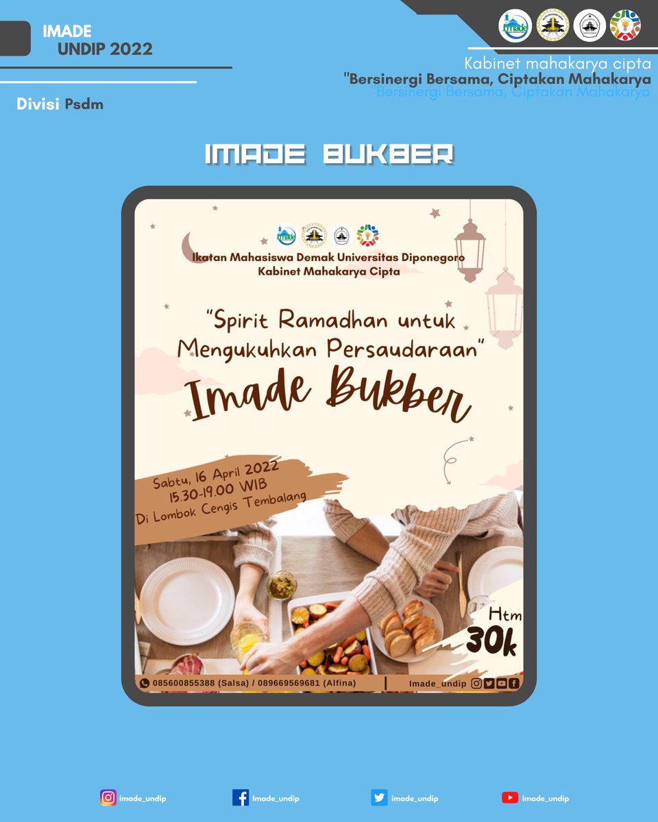 Imade_Undip's tweet photo. [IMADE BUKBER]

Halo sedulur! 
   Gimana kabare? 

IMADE Bukber hadir untuk sedulur IMADE 🙌🏼, yang bertujuan untuk merekatkan rasa kebersamaan dan kekeluargaan sedulur IMADE. Pada kali ini IMADE Bukber mengusung tema "Spirit Ramadhan untuk Mengukuhkan Persaudaraan". https://t.co/nRPK20kZF8