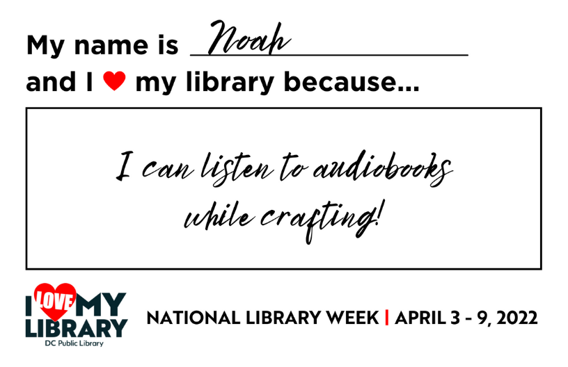 dcpl's tweet photo. This #NationalLibraryWeek share what @dcpl connects you to that makes you love your library! For Noah who uses the Mt. Pleasant Library, that's access to audiobooks that he can listen to when crafting! Let us know what you love using the hashtag #ILoveMyLibrary. #LibrariesConnect https://t.co/dp1rQgEcH9