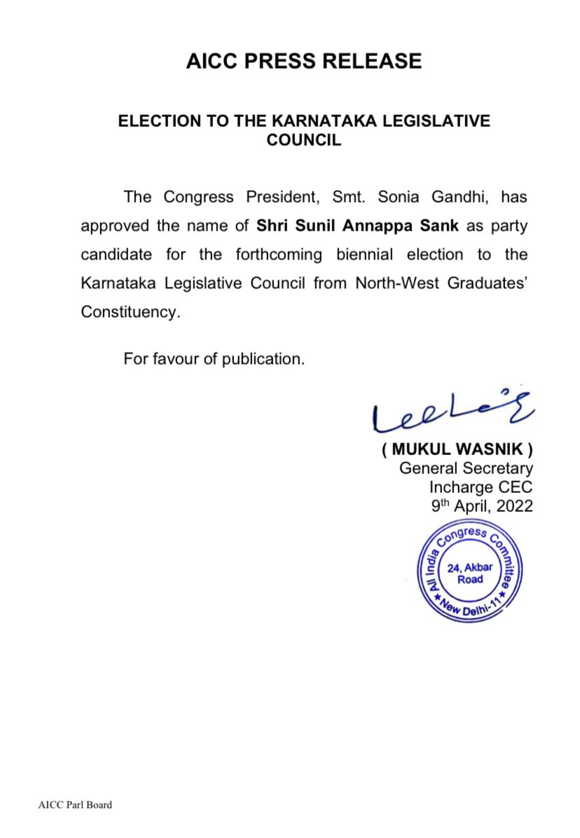 INCSandesh's tweet photo. The Congress President, Smt. Sonia Gandhi, has approved the name of Shri Sunil Annappa Sank as party candidate for the forthcoming biennial election to the Karnataka Legislative Council from North - West Graduates constituency. https://t.co/eXPIxUt8DH