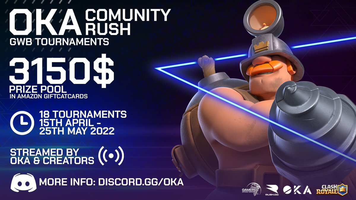 We are excited to introduce (The) OKA Community RUSH tournament series in #ClashRoyale 🔥
 
Together with Rush.GG we will be hosting the upcoming CR tournaments for the <a href="/gwbps/">Gamers Without Borders</a> 

Sign up now🫱🏽‍🫲🏿
Registration: rush.gg/hubs/oka-gaming

Open for all 🌎

#GOKA 🔳