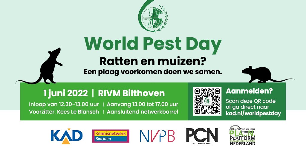 Op 1 juni 'vieren' we World Pest Day met een interessante bijeenkomst. Ben jij er ook bij? Ga snel naar kad.nl/worldpestday en geef je op! #IPM #WorldPestDay #ratten #muizen