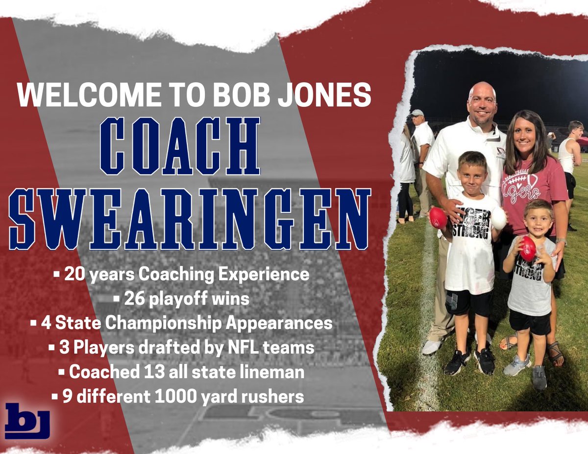 BJHS_Football's tweet photo. Help us welcome Coach Swearingen to the Bob Jones Family! We are excited to have him join our staff. 

#RISE  |  #weareBOBJONES  |  #BJP https://t.co/U39uO3zCi2