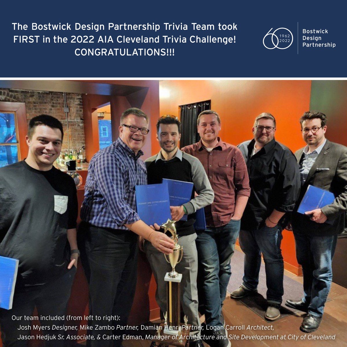 Congratulations to the Bostwick Design Trivia Team for bringing home a win in last night's AIA Cleveland Trivia Challenge!! #architects #AIACleveland #XYZTavern #Trivia