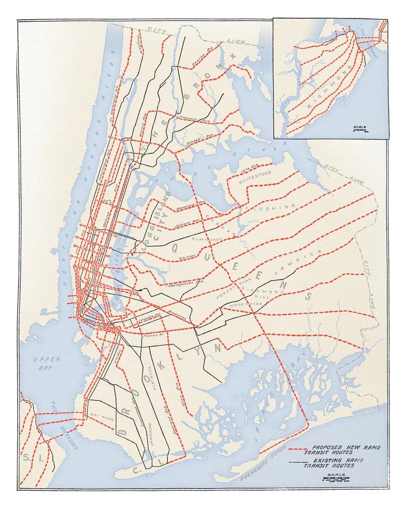 The map details plans for expansion that the New York Subway had in 1920. Everything in red was planned to be built in the next twenty-five years (by 1945)! The advent of the automobile brought it to a halt. It makes my heart hurt!