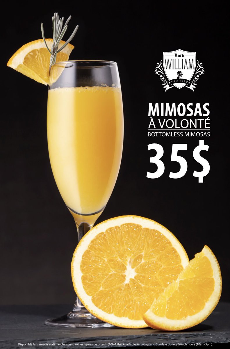 LordWilliamPub's tweet photo. Les mimosas à volonté commencent aujourd'hui 
🥂🍾 🍊
Disponible pendant les heures de brunch (samedi et dimanche de 10h à 15h).

Bottomless mimosas start today 
🥂🍾 🍊
Available during brunch hours (Saturday &amp; Sunday from 10am to 3pm).

#lordwilliampub #brunchmtl #montreal https://t.co/jS5MXL1xIy