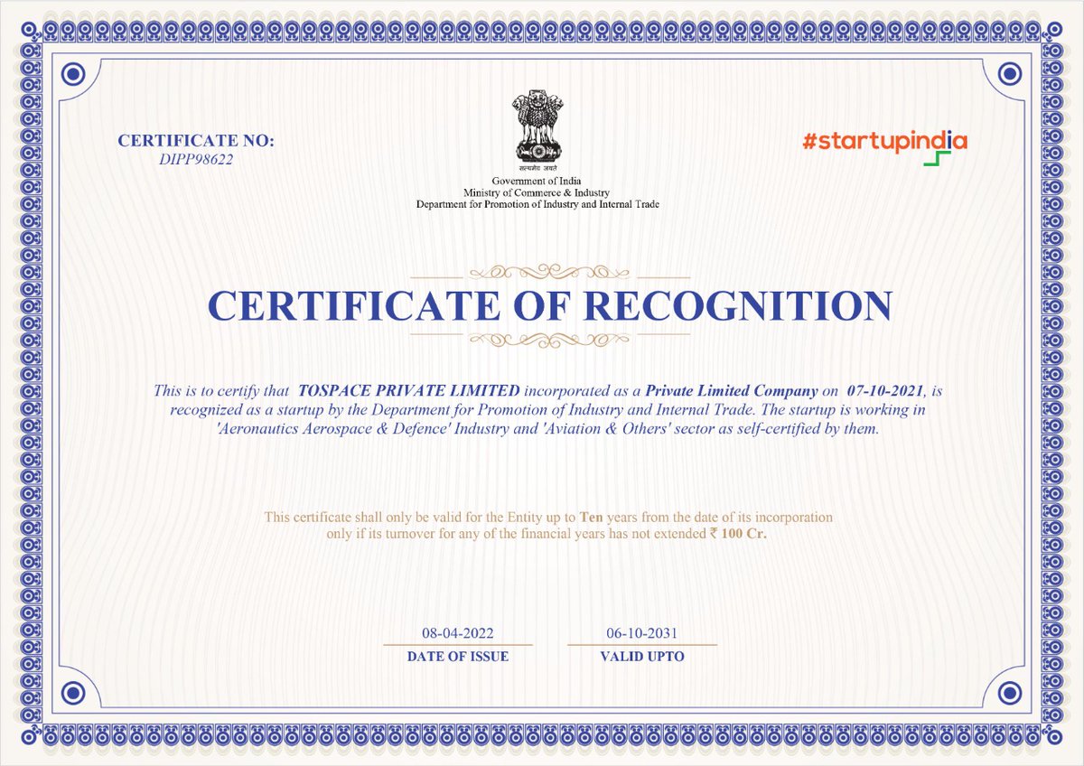 @ToSpacePvtLtd is pleased to inform that the Department of Promotion of Industry and Internal Trade @startupindia has recognised our firm. I'm hoping that this honour will motivate us to continue working. We have more goals to achieve and will do so with greater Zeal.