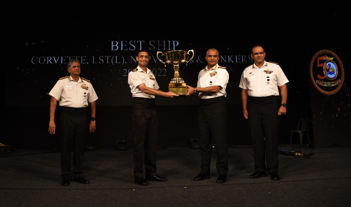 indiannavy's tweet photo. Coinciding with #GoldenJubilee celebrations, #EasternFleet Awards Function 2022 held on #07Apr 22.
Adm R Hari Kumar #CNS was the Chief Guest for the Awards Function hosted by #FOCEF.

Best Ship - #INSShivalik
Best Corvette - #INSKadmatt
Most Spirited Ship - #INSSatpura &amp; #INSKora https://t.co/X1iBsv0x78