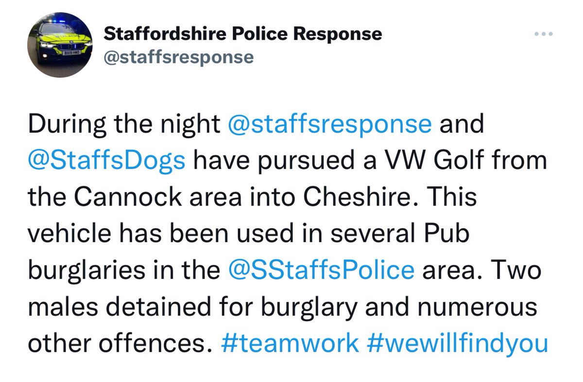 StaffsDogs's tweet photo. Remember this one?
Two males were arrested following a number of burglaries and a lengthy pursuit into Cheshire by #Shift5Dogs, @staffsresponse and @CMPG. Two males have been sentenced to prison for 4.7 year and 3.9 years. Two more criminals off the Staffordshire Streets. ๐๐ผ๐พ https://t.co/ZMZOgvQKoz