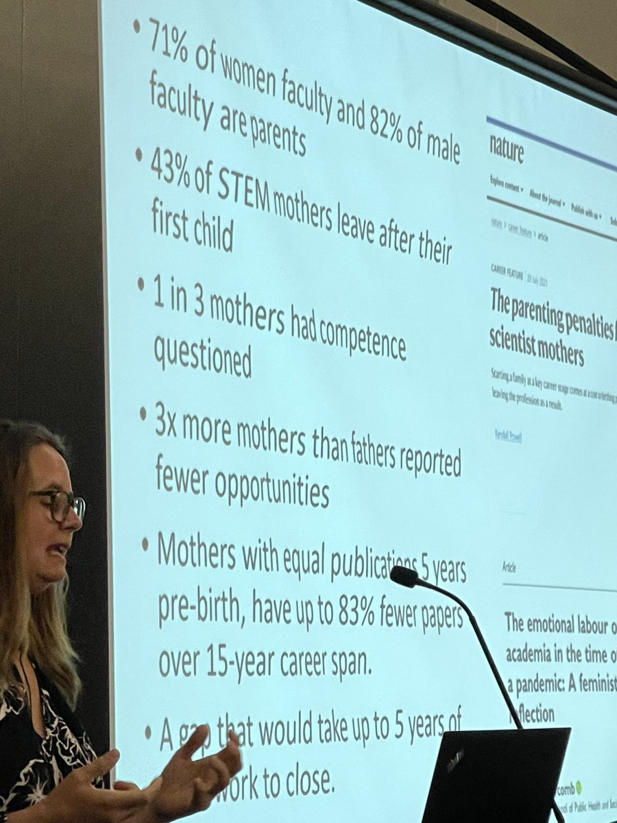Just look at some of these stats for women in academia.  #SBM2022
- 43% leave STEM after their first child 
- 1/3 competence questioned
- 83% fewer papers post children 
And more…