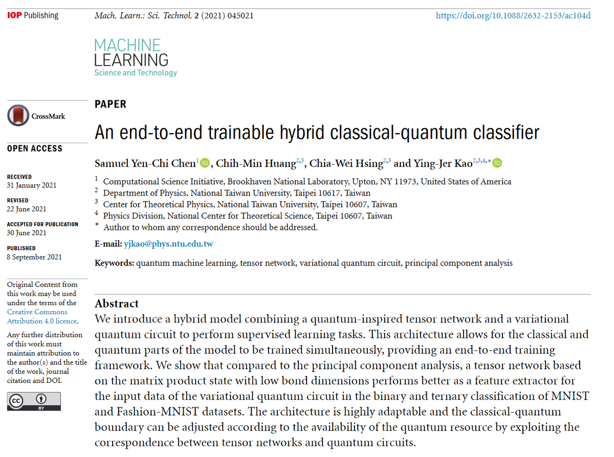 'An end-to-end trainable hybrid classical-#quantum classifier' by <a href="/yenchichen1989/">Samuel Yen-Chi Chen</a> <a href="/yjkao/">Ying-Jer Kao</a> et al <a href="/BrookhavenLabCS/">Computing and Data Sciences (CDS)</a> and National Taiwan University hits 1000 downloads! bit.ly/3nkuRcK #machinelearning #tensornetworks #quantumcomputing #NISQ #datascience #algorithms #opendata