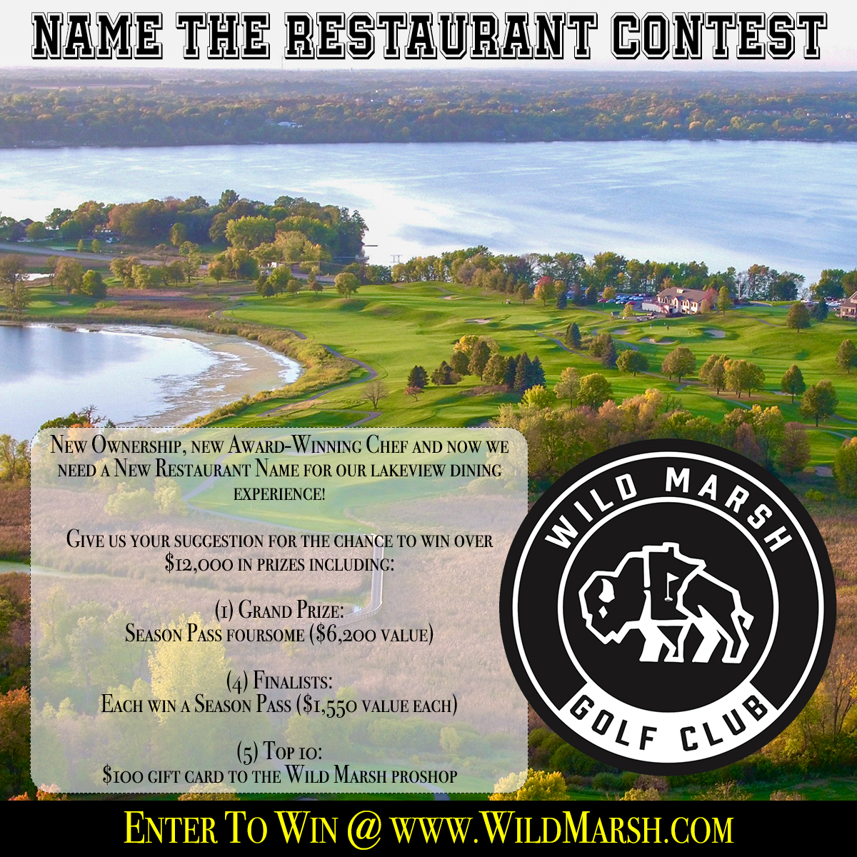 WildMarshGolf's tweet photo. Name the New Restaurant Contest with over $12,000 in prizes! New ownership, new Award-winning Chef, and now we need a new restaurant NAME for our lakeview dining experience! Go to https://t.co/KqdvvgAJX5 to give us your suggestion for the chance to win. https://t.co/13qGO6PUlj