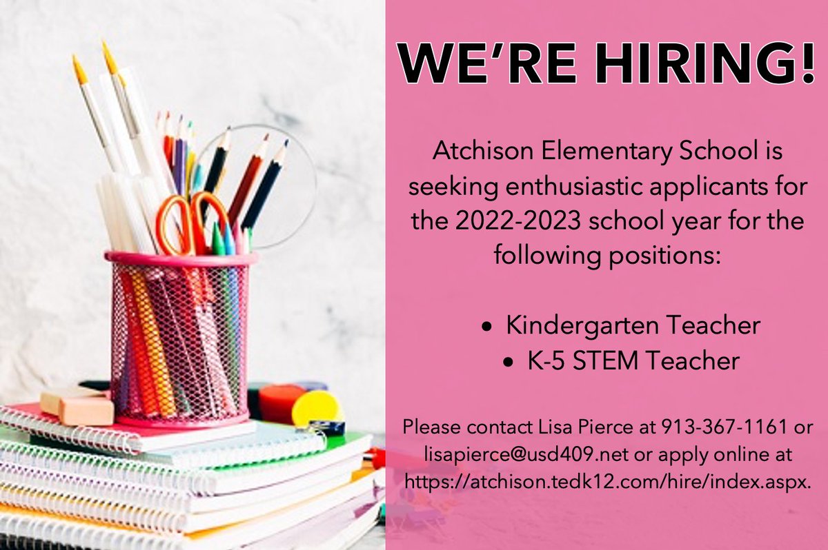 AtchisonPublic's tweet photo. AES is hiring!  Check out the post below to see what openings they are looking to fill! #WeAre409 https://t.co/wWbpbUpFcF