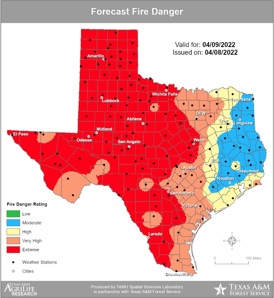 🚩RED FLAG WARNING 🚩
SAT APR 09 12PM-8PM
🟧🔥VERY HIGH FIRE DANGER (4/5)

Burn ban remains in effect.

Breezy winds, low RH &amp; drought-stressed fuels.

⚡️Be cautious with any activity that causes a spark or flame!
☎️ Call 911 immediately if a wildfire is spotted! 
#txwx #TXFire