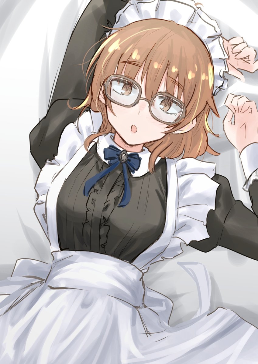 1girl maid solo maid headdress glasses apron brown hair  illustration images