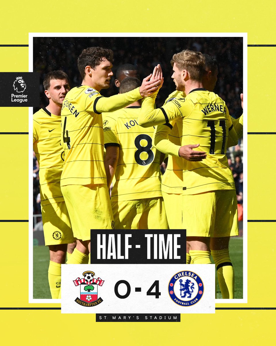 ChelseaFC's tweet photo. What a half from Chelsea! 👏 

🔴 0-4 🟡 | #SouChe https://t.co/ryfvf7t6yx
