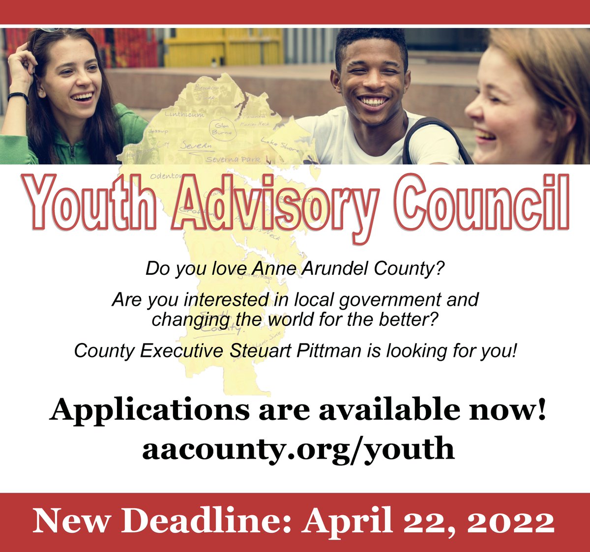 AACountyGovt's tweet photo. We are looking to fill multiple seats on the Youth Advisory Council for the 2022-2023 academic year. If you are interested in advising the County Executive on issues that impact youth who live in #AnneArundel County, we encourage you to APPLY TODAY at https://t.co/2ZKQLwoQMD. https://t.co/sUj7wxS3FQ