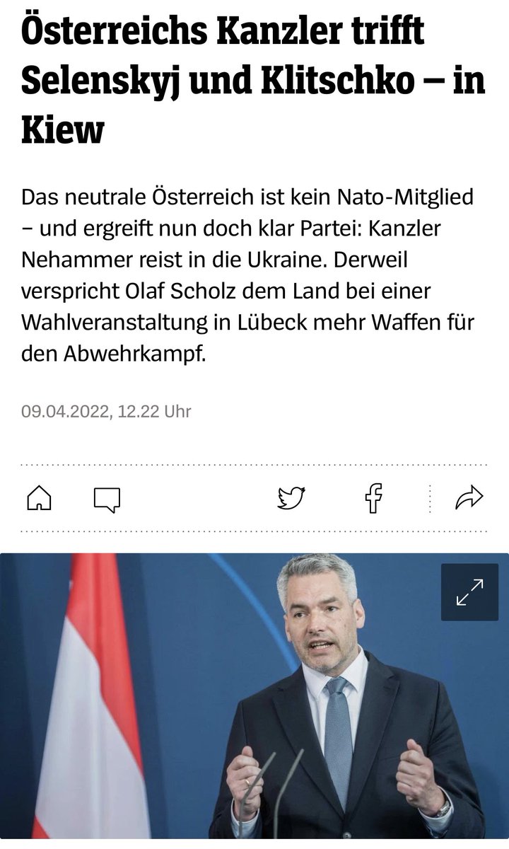 sarfeld's tweet photo. SO👇🏻 geht Kanzler!👏🏻 So einen Kanzler bräuchten wir auch 🚀.
„Österreichs Kanzler trifft #Selenskyj und Klitschko – in #Kiew
#Kanzler #Nehammer reist in die #Ukraine. Derweil #verspricht #Scholz dem Land bei einer #Wahlveranstaltung in Lübeck mehr #Waffen…“#StandUpForUkraine https://t.co/pzdtDKWQER