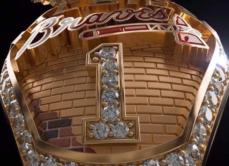 DoctorBobble's tweet photo. Excuse me while I go sell my house to buy one of these. 

150 diamonds in the A, 755 total diamonds, 44 emerald cut diamonds, 18.71k gold, 11 rubys inside of the ring to show all the braves World Series home runs working lights in the ring, and a Joc pearl. https://t.co/9YZv2KhjrX