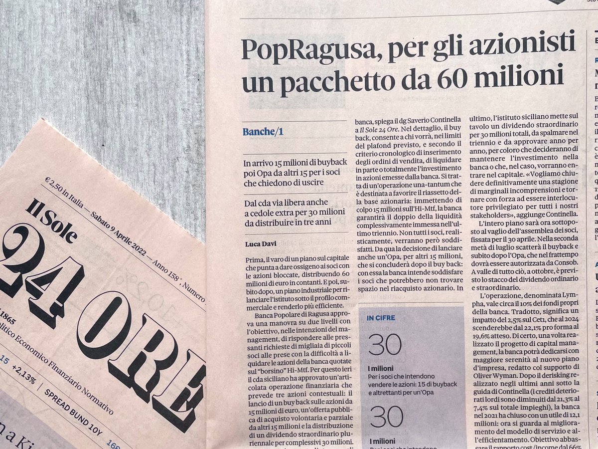cominandpa's tweet photo. 🗞️ Sul @sole24ore @lucaaldodavi intervista Saverio Continella, DG #BAPR, che traccia il bilancio dei risultati dell’Istituto e illustra le prospettive sui progetti futuri, a partire da un nuovo piano sul capitale dedicato ai soci attraverso l’operazione #Lympha https://t.co/CmW51YUVAu