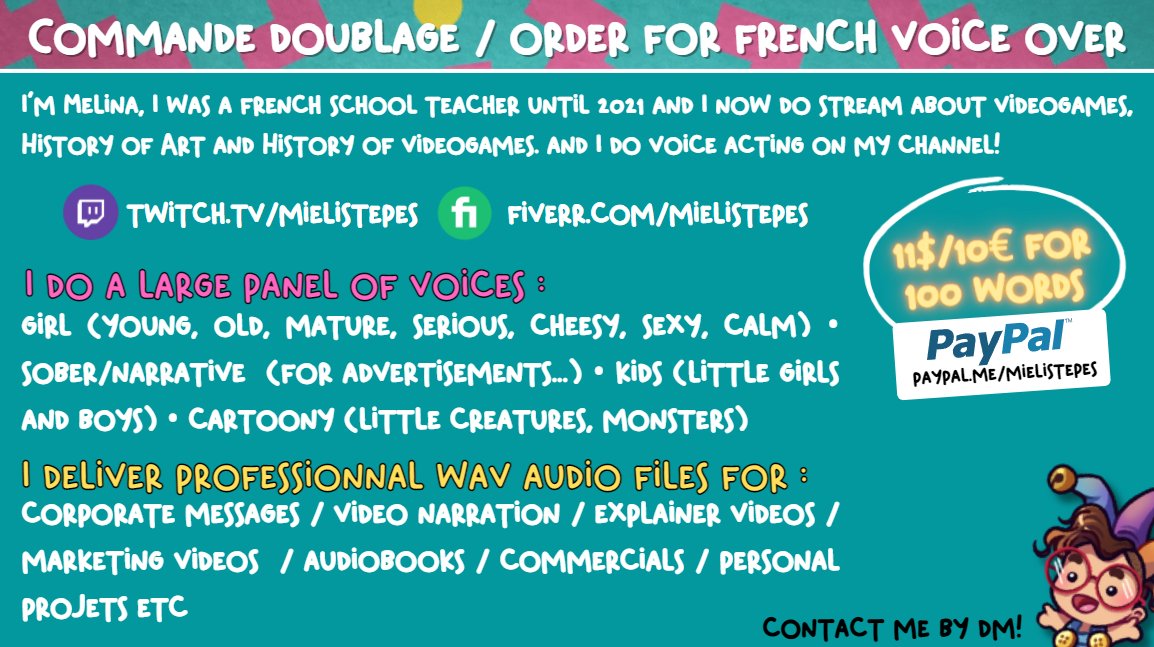 MielisTepes's tweet photo. ⚠️Pour passer une commande de doublage, n'hésitez pas à passer en DM !
⚠️If you need some voiceover for your project, DM me!
#doublage #voixoff #doubleuse #voiceover #frenchvoiceover #VF https://t.co/HsxNnZCSmY