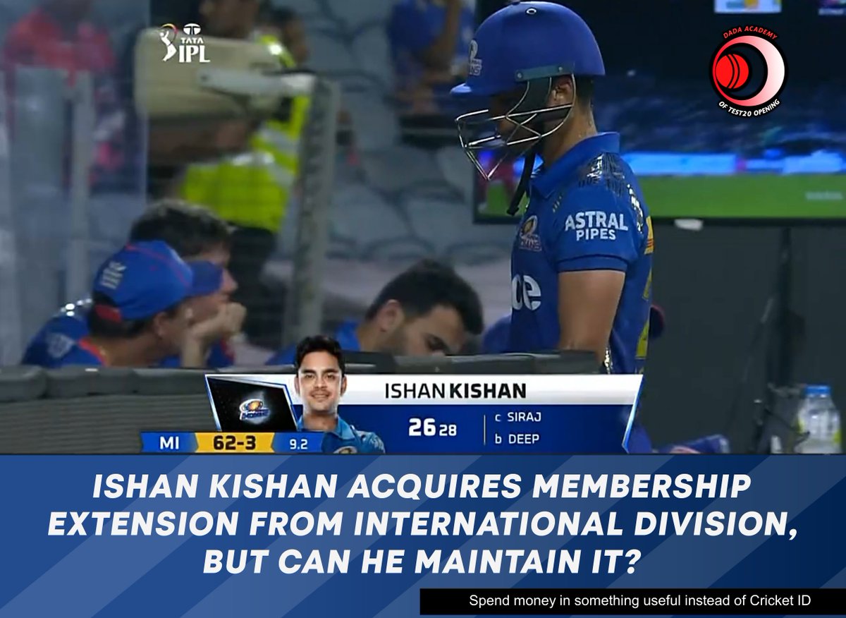 DadaAcademyT20's tweet photo. Consecutive good knocks from Ishan Kishan has presented him this opportunity, but with a terrible track record, we doubt he can maintain it.
Also Rohit 25(16) today - people were asking why we have strict criteria for applying.
#TATAIPL2022 #RCBvsMI https://t.co/XOBadKYwBG