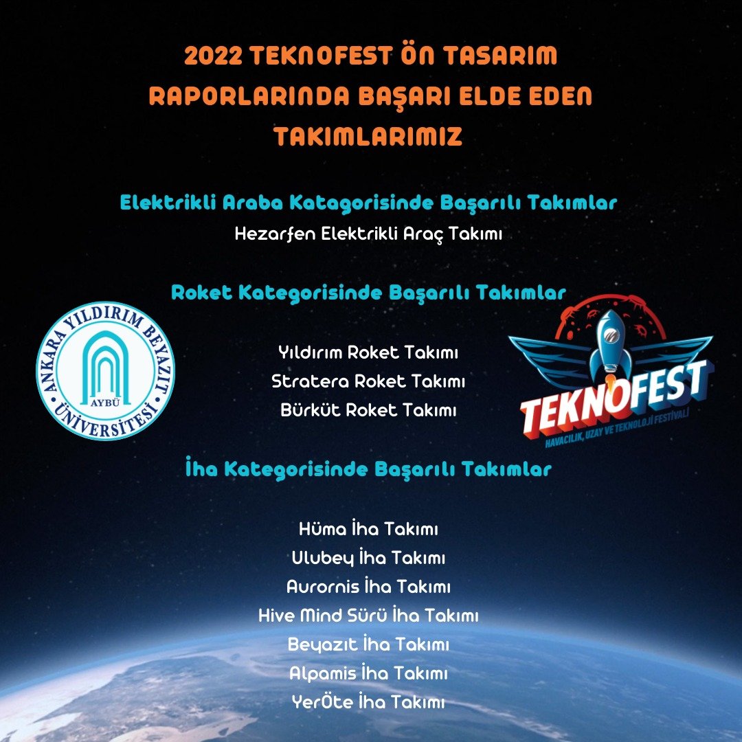 2022 TEKNOFEST Ön Tasarım Raporlarında başarı elde eden takımlarımızı tebrik ediyor, başarılarının devamını diliyoruz.👏  <a href="/profdriaydinli/">Prof.Dr.İbrahim AYDINLI</a> <a href="/teknofest/">TEKNOFEST</a>  <a href="/ybuankara/">Ankara Yıldırım Beyazıt Üniversitesi</a> <a href="/ybunikonsey/">AYBÜ Öğrenci Konseyi</a> <a href="/AybuHezarfen/">AYBÜ Hezarfen</a> <a href="/Aybuhuk/">AYBU HAVACILIK ve UZAY KULÜBÜ</a> <a href="/Beyazitiha/">Beyazıt İHA Takımı</a> <a href="/yldrm_rocket/">Yıldırım Roket Takımı</a> <a href="/ondertechteam/">ÖNDER TECHNOLOGY TEAM</a>