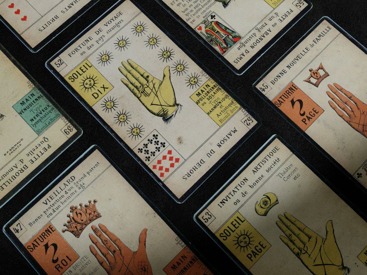 MaisonEtteilla's tweet photo. Intriguing Tarot cards that mixes palm reading and divination tarot made by Grimaud made around 1890 in France. More photos here 👉 https://t.co/69V3VMVZCT

#tarot #TarotReading #dailytarot  #playingcards #tarotcards https://t.co/x147dmj69w