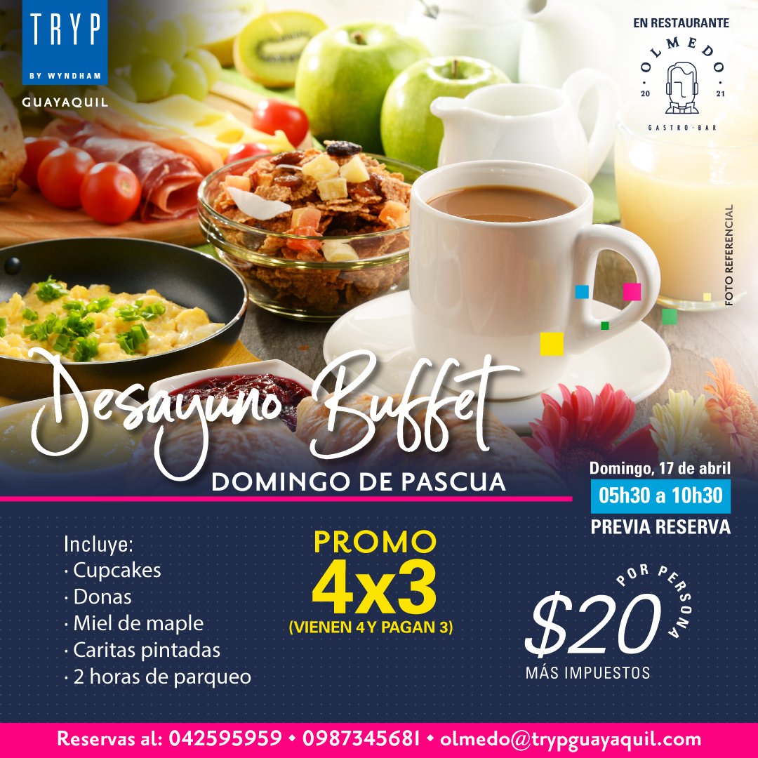Un Desayuno especial te espera para este domingo de pascua. 🥓🥞☕Desde las 05h30 a 10h30. 💙
Realiza tu reserva:
 📞 042595959
 📲 0987345681
 📩 olmedo@trypguayaquil.com

#trypbywyndhamguayaquil #ecuador #guayaquil #desayuno #breakfast #pascua #semanasanta