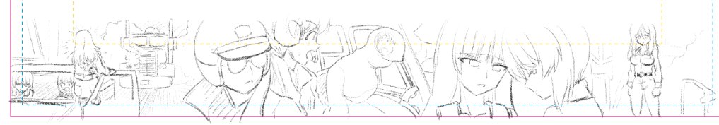 下の帯部分の下書きはこんなもんかしら
仕上がりサイズ上めっちゃ小さいからあんまり描き込みすぎてもアレだし 