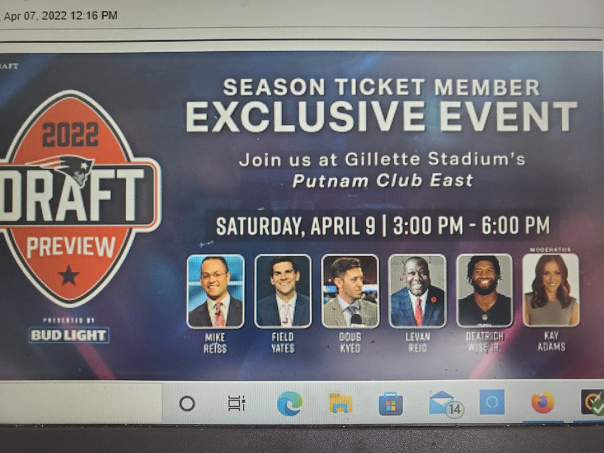 @MikeReiss @FieldYates @DougKyed @LevanReid @wisehog94 @heykayadams very much enjoy your work, individually, and, looking forward to your collective efforts at the Patriots DRAFT event at Gillette, later today!  #ForEverNewEngland