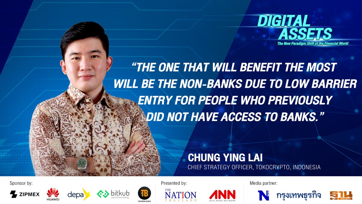 Thenationth's tweet photo. “The one that will benefit the most will be the non-banks due to low barrier entry for people who previously did not have access to banks.”
#Tokyocrypto #DigitalAssets #ANN #TheNation
Watch now: https://t.co/9C1cGVTjd6 https://t.co/LqpomckBp4
