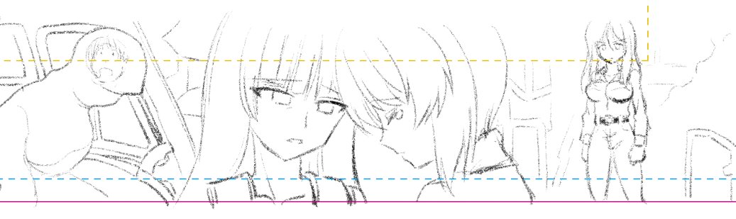 下の帯部分の下書きはこんなもんかしら
仕上がりサイズ上めっちゃ小さいからあんまり描き込みすぎてもアレだし 