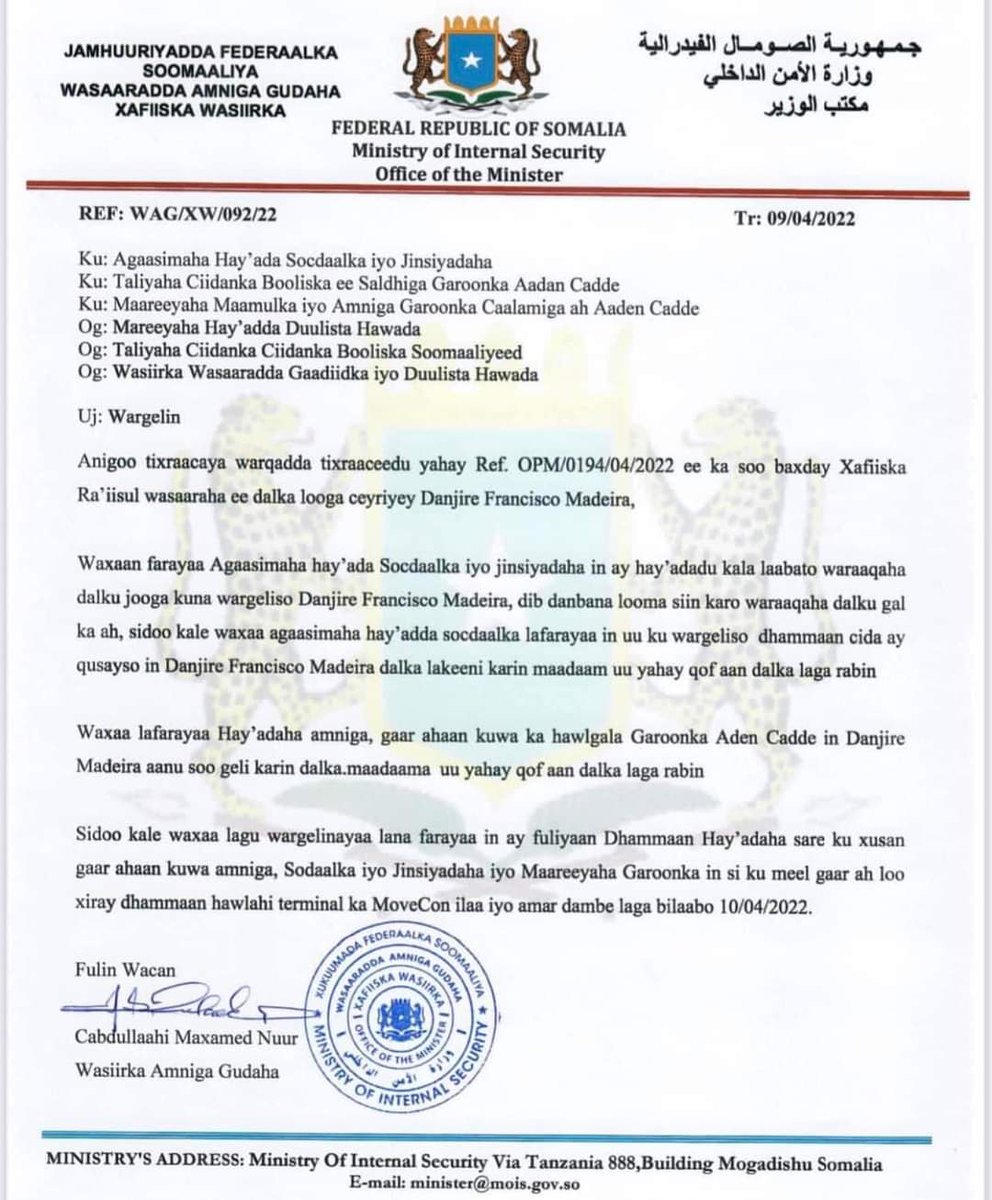 S4M4D00N's tweet photo. Breaking News: Somali Ministry of Internal security orders the closure of MovCon terminal & immigration & border control to cancel Madeira's Visa. It will be interesting to see how he avoids getting arrested if he attempts illegal entry. #MadeiraOut @AUC_MoussaFaki https://t.co/lE0kXYCjcw