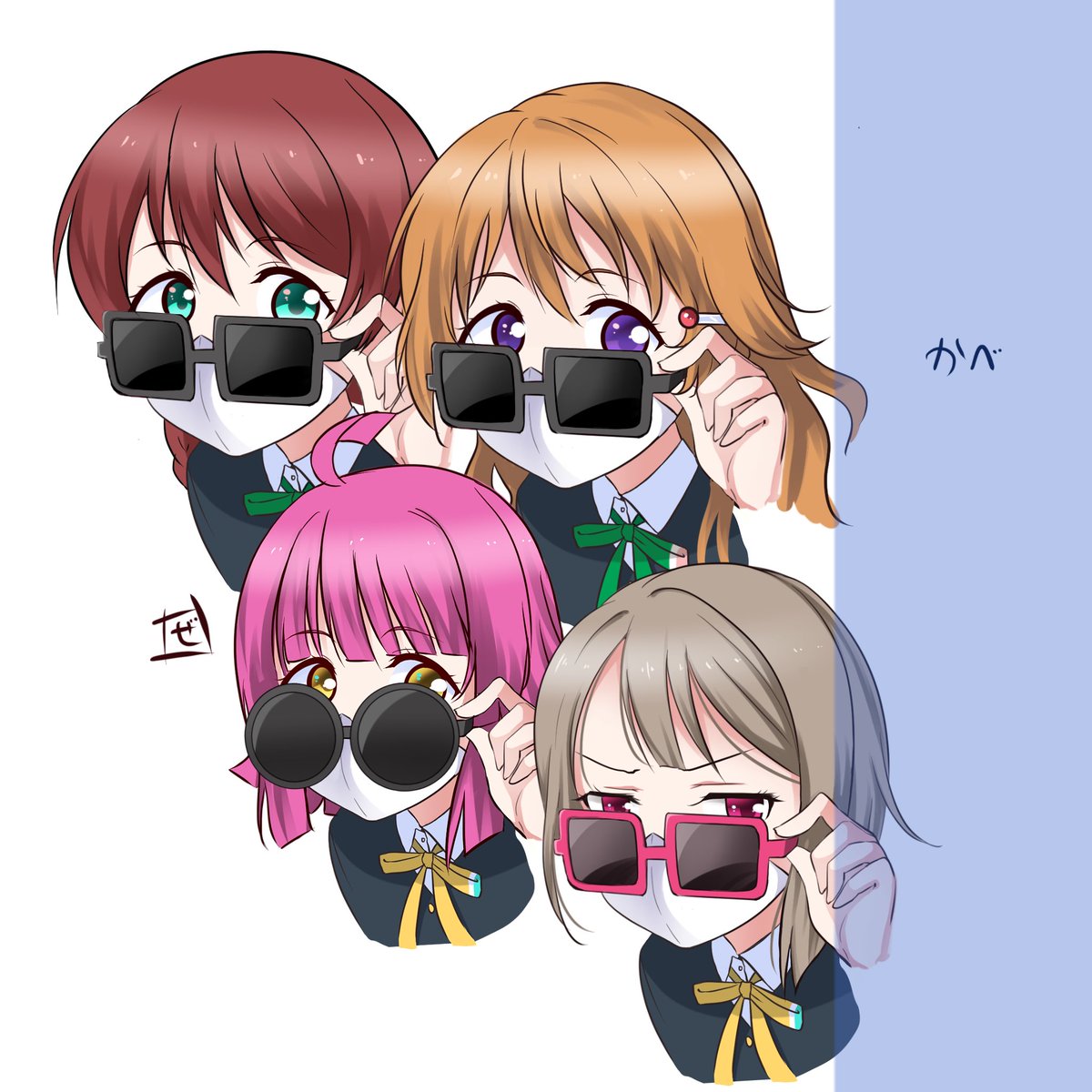 nakasu kasumi ,tennouji rina nijigasaki academy school uniform multiple girls 4girls sunglasses mouth mask mask brown hair  illustration images