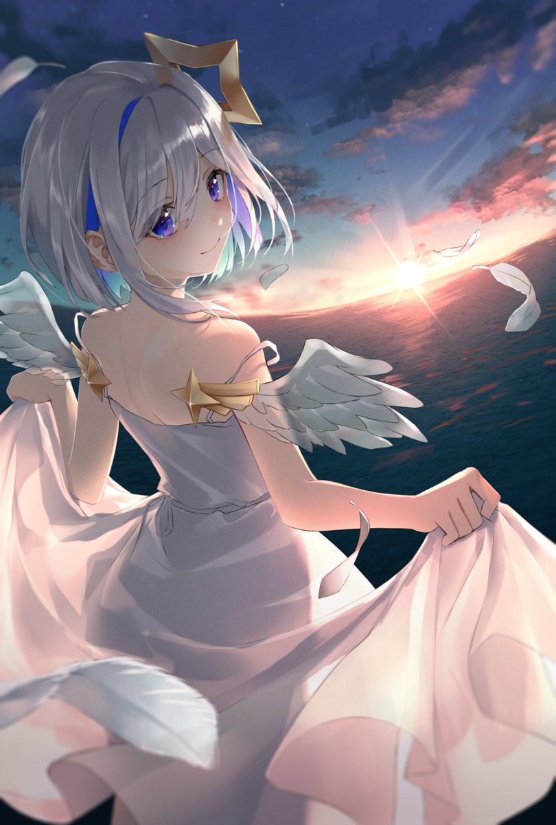 amane kanata 1girl wings solo feathered wings dress angel wings smile  illustration images