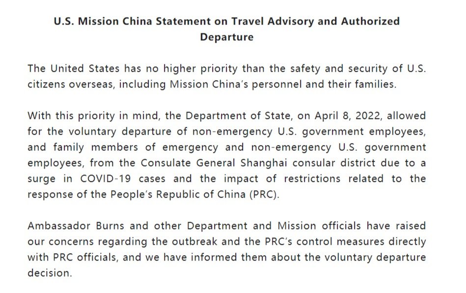Shanghai is at the peak of the epidemic. It’s one thing for the US to withdraw its diplomatic personnel, but it’s another to make rude accusation of China’s epidemic control measure. It’s undiplomatic &amp; unethical. No wonder some Chinese netizens asked them to “go back to the US!”
