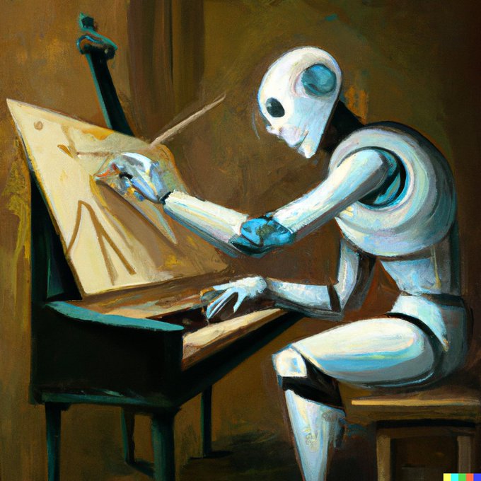 Image Generated by OpenAI DALL E-2: "A robot painting on a canvas while playing the piano"