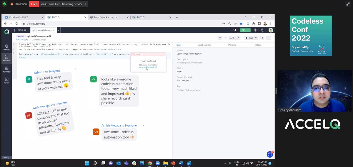 Geosley's tweet photo. Thank you @QTechtalks for the opportunity to showcase @ACCELQ's unified #testautomation and Test management platform at #codelessconf2022.
Thank you, @vinayaktitti, @jayesh_w, @sseenivasan89, and the entire community
#nocode #lowcode #automation #testing #Softwaretesting https://t.co/VSuiqORDzg