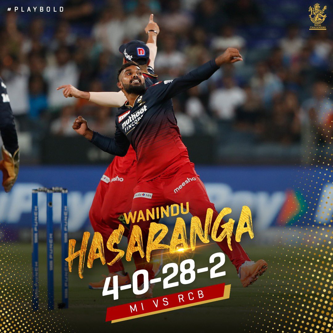 RCBTweets's tweet photo. 🔝 spell, Wanindu! 🙌🏻👏🏻

#PlayBold #WeAreChallengers #IPL2022  #Mission2022 #RCB  #ನಮ್ಮRCB #MIvRCB https://t.co/5OudFg7Aj6