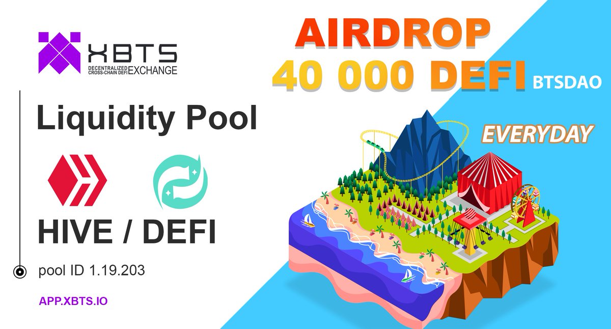 BTSDAO DEFI AIRDROP! 💎Start earning $DEFI rewards now!
➡️Join HIVE/DEFI pool app.xbts.io/#/pool/DEFI.DE…
👑40 000 DEFI REWARDS EVERY DAY for HIVE/DEFI pool!!!

🤩Add liquidity to earn DEFI governance tokens!

#xbtsdex #bitshares #btsdao #HIVE $HIVE #defi #YieldFarming #DeFi