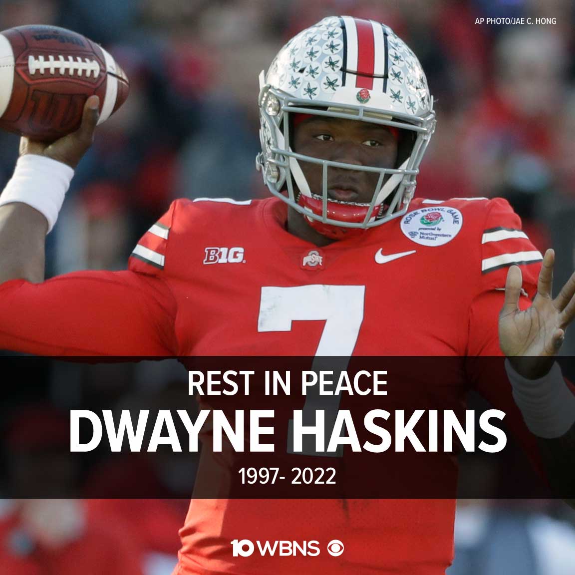 10TV's tweet photo. REST IN PEACE: Former Ohio State quarterback Dwyane Haskins died Saturday morning at the age of 24, according to ESPN. He led the Buckeyes in 2018 to a Big Ten title and a Rose Bowl championship. https://t.co/R8CPhnUVIR https://t.co/qgP8LWBJng