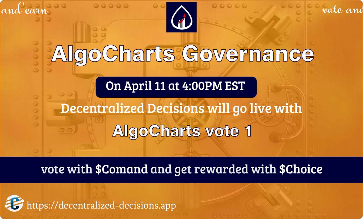 ChoiceCoinDAN's tweet image. Get ready to vote on the future of #OpenSourceSoftware on #Algorand. Monday at 4PM - Decentralized Decisions goes live with @algocharts_net governance. Vote with $Comand and earn $Choice. #ChoiceCoinDAO