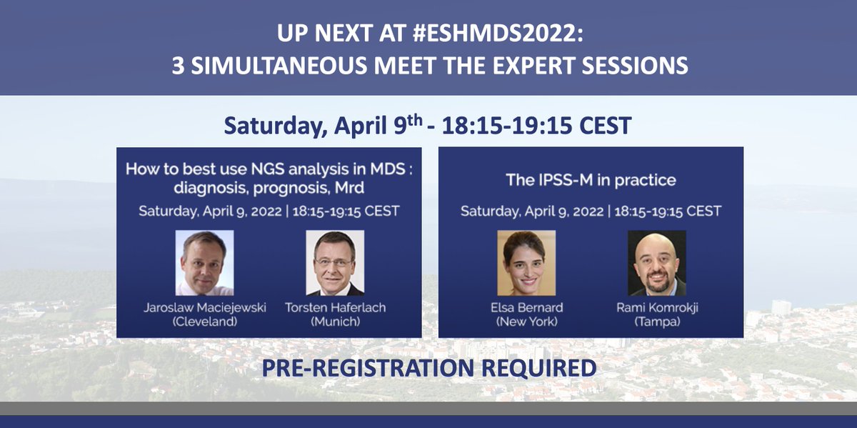 ESHaematology's tweet photo. COMING UP NEXT AT #ESHMDS2022:
18:15 CEST Meet the Expert sessions with
- Jaroslaw Maciejewski (Cleveland) &amp; Torsten Haferlach (Munich) @leukaemielabor
- @Elsa2Bernard (New York) &amp; @Ramikomrokji (Tampa)
Pre-registration required! ➡ https://t.co/eiRmS5Pqf6
#ESHCONFERENCES #MDSsm https://t.co/9HRVbMBH6q