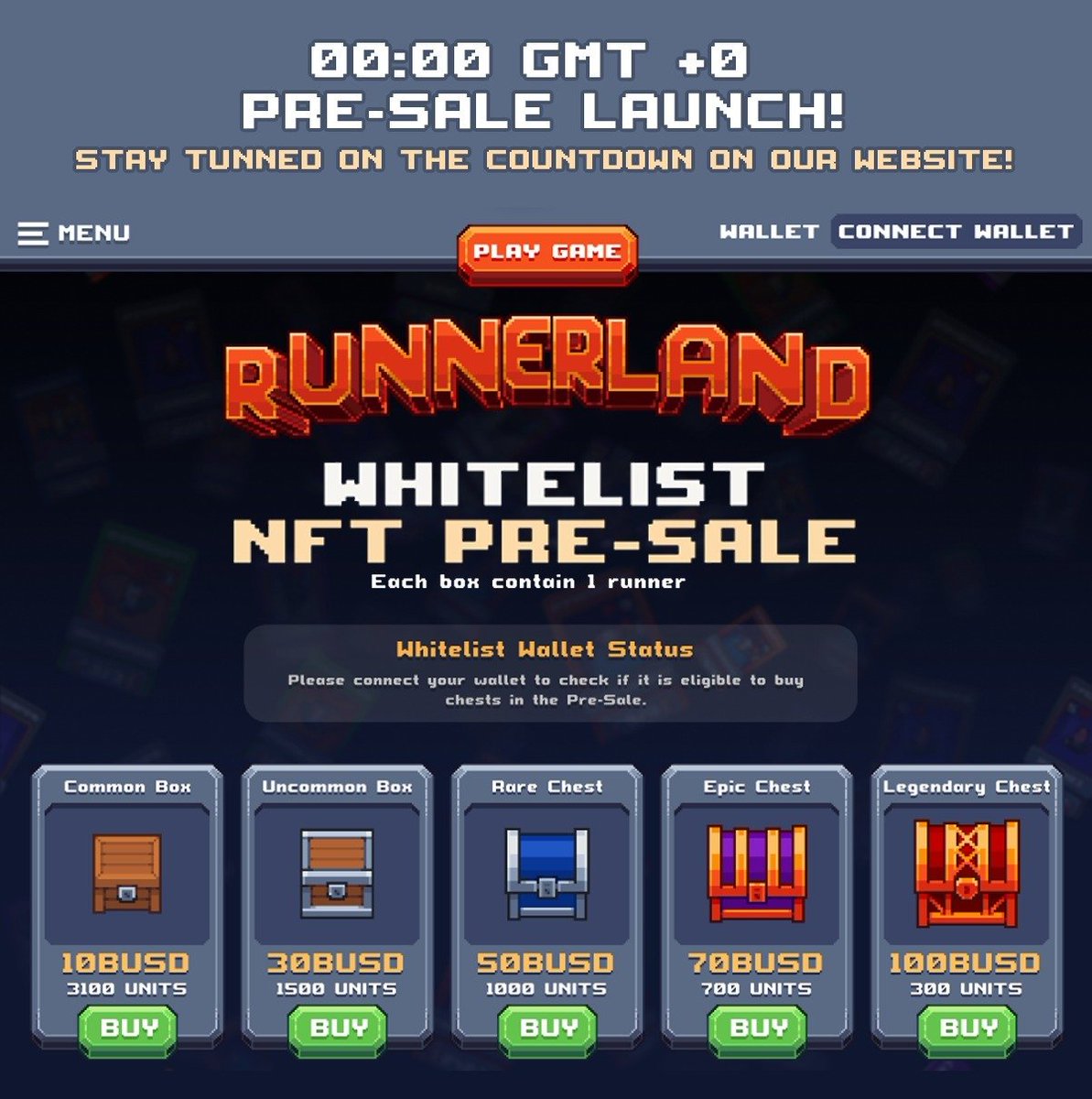 Pre-sale special boxes will be limited!

Stay tuned on our website, in the Pre-sale sector and get yours as soon as the countdown ends!

Are you excited?!

This is the first step of your RunnerLand journey!
