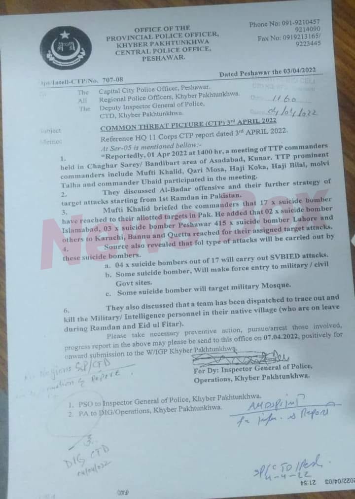 achakzai_javed's tweet image. تحریک طالبان پاکستان کی جانب سے 17  خودکش بمبار پاکستان کے مختلف شہروں میں بھیجے گئے ہیں پاکستان کے اعلیٰ اداروں نے ہائی الرٹ جاری کیا ہے۔
#TalibanTerrorists 
#TalibanProject 
@gulalianaksd @a_siab @mjdawar @SaleemKhanSafi @BasheerMatta @BushraGohar @NadeemAsker @Khushal_Khattak