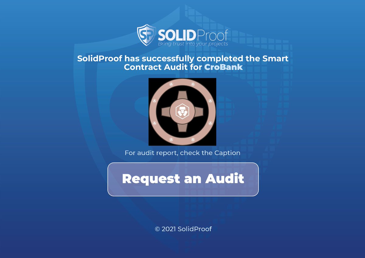 We are happy to announce that we have completed the smart contract audit for <a href="/cro_bank/">CroBank - Hot New DeFi EcoSystem On Cronos</a> 
 
Need an audit?
solidproof.io/contact

Check out the full audit report here:
github.com/solidproof/pro…

#SmartContracts #Blockchain