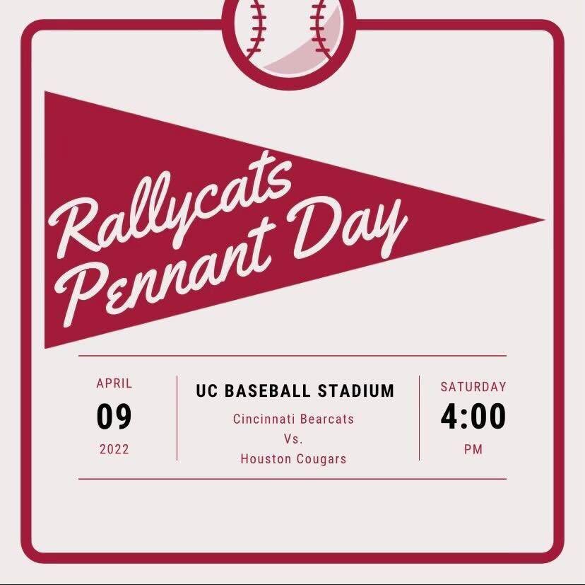 UCRallyCats's tweet photo. IT’S PENNANT DAY!!! Come out to the ballpark at 4pm to cheer on @GoBearcatsBASE for our annual Pennant Day! 

The student organization that has the highest attendance will receive a catered meal so come out and pack the park! 

We’ll have free raffle baskets, games and more 👀 https://t.co/r64ZWdJYRD