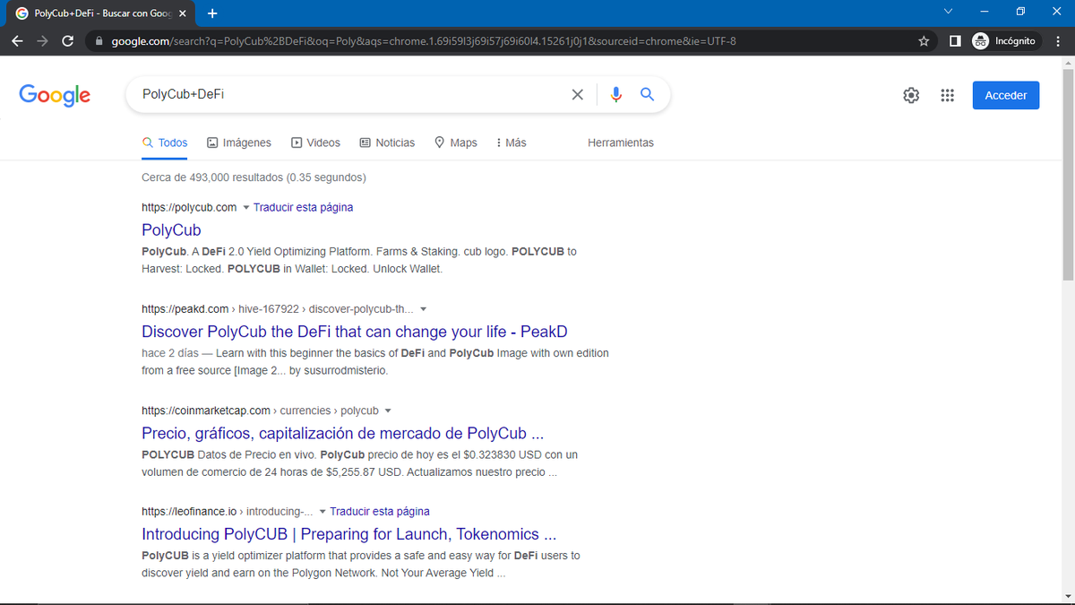 SusurroMisterio's tweet photo. Estoy feliz del concurso promovido para #LeoFiance y posicionar palabras claves con trabajo de #SEO Al menos por el momento, la publicación que presente en @hispapro #Hive con las palabras claves Descubre #PolyCub #DeFi se encuentra en el segundo lugar de google. #09Abr #Sabado https://t.co/yBq4d2XkiQ