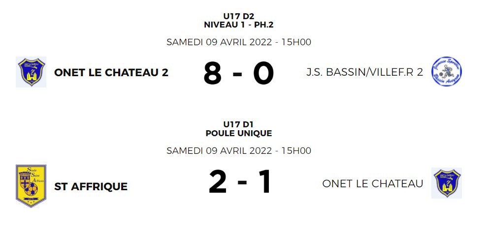 RESULTATS U17 DE CE SAMEDI